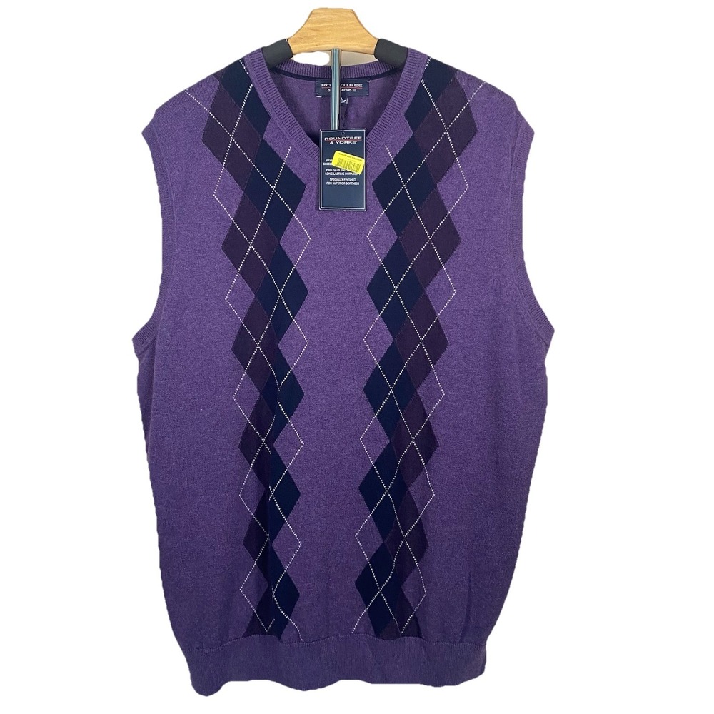Roundtree & Yorke NWT $59 Mens Large Purple Black V-Neck Cotton Sweater Vest
